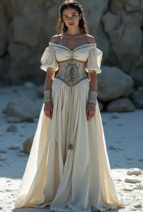 Dans luniver de game of throen cree un robe de mariée pour arya strak
Elle doit etre blanche 
Avec une toche de couleur de la maison stark 
Avec un loup brodé pas tres grand 
Elle doit faire tres guerrière 
Et dans le style médiévale 
Et plutôt simple 
Et ...