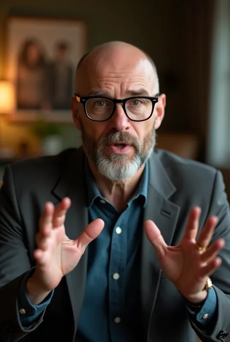 Bald 40-year-old man with glasses talking about cinema on TikTok