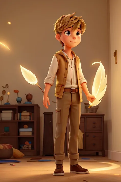 Draw a  male boy who finds a very illuminated golden feather that lets light out all over the room