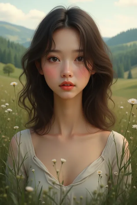  Create more images of these ,  but realistic , of the same girl ,  and with slightly darker hair and in a landscape 