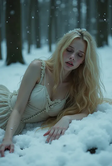  Long-haired blonde vampire woman, with a torn dress lying on the ground ,  in tears in a snowy forest , realistic