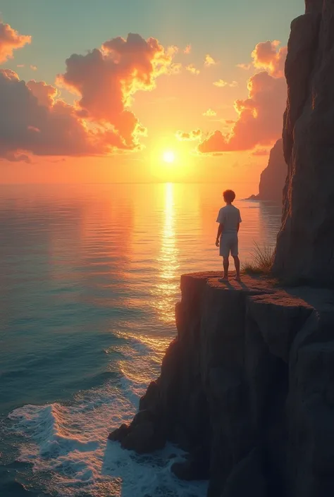 "A beautiful sunrise over a calm sea, symbolizing a fresh start and Gods renewal. A person standing on a cliff, looking toward the horizon, filled with hope and anticipation for the future."