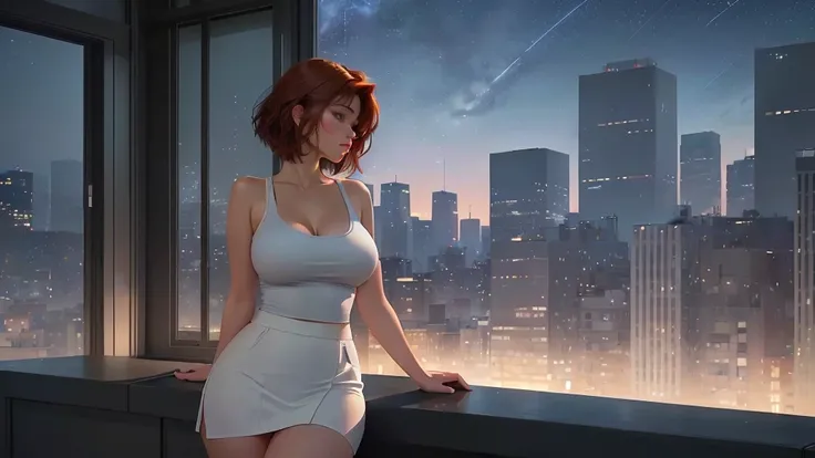 A brunette girl short auburn hair with big breasts sits with her legs stretched out, taking a realistic photo, with short auburn hair sits on the edge of a rooftop at night, gazing out over a quiet cityscape illuminated by distant city lights. She is weari...