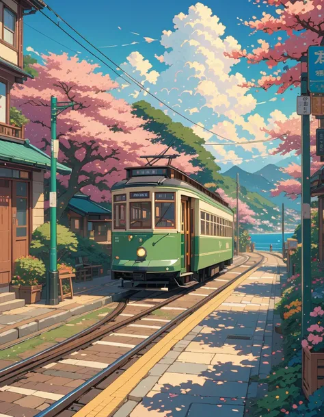 ((Anime:1.4,Illustration)),(masterpiece,  best quality,  best quality),( super detailed, absolutely resolution),((16k, high res)), (((A green streetcar , Seaside,  blue sky, Cumulonimbus)) ((cozy lofi Illustration:1.4)), ((Anime:1.4, Illustration)),(master...