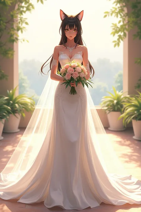 Yoruichi shihoin in a white wedding dress holding a bouquet.