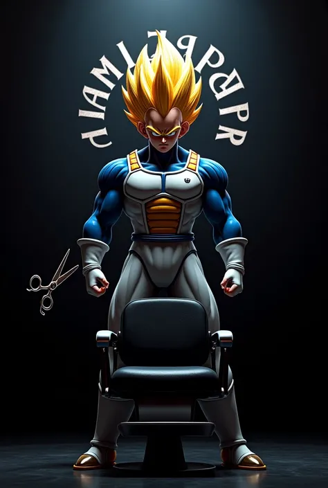 Fondo negro con el nombre mawi barber con una imagen de Vegeta con una tijera de 💈y na silla de barbería 