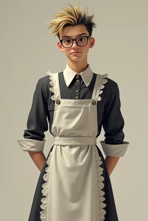  A handsome 180 cm tall guy ,skinny , with very short blond black hedgehog hair ,with brown eyes,in glasses,  dressed as a kitchen maid  