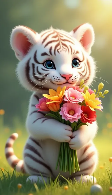 A scene of a baby white tiger holding a bouquet of flowers. The baby white tiger has fluffy fur, big eyes, and is lovingly holding a bouquet of flowers. The bouquet is full of colorful flowers, creating a beautiful contrast with the tigers white fur. The b...