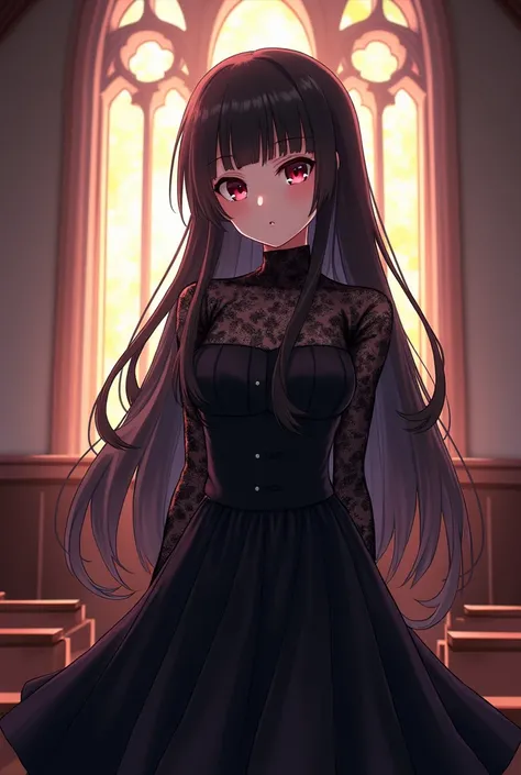 anime girl with long black hair in church with stained windows, anime girl wearing a black dress, loli in dress, cute anime waifu in a nice dress, anime moe artstyle, anime visual of a cute girl, gothic maiden anime girl, detailed digital anime art, digita...