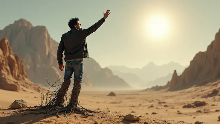 A white man with black hair standing with his back to the viewer raising his right hand to the sky, the hand is open as if trying to grab the sun, the sun is in the middle of the sky and there are no clouds, the man is wearing a worn brown leather jacket a...