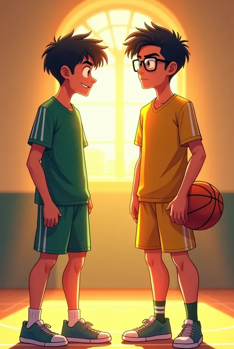 A ibspaint x illustration webtoon style book cover featuring a college school-themed romantic comedy. Show two college guy characters in faceless vector art standing. The background is a yellowish vibe of inside the school basketball court. On the left, a ...