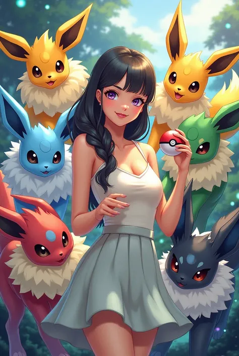  Pokemon card, sexy babyface girl trainer with pokeball, with all eevee evolutions in one picture. Hp 200, text on card: you search your deck for 2 eeveelutions and take it to your hand