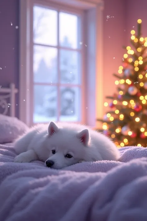 A lilac bedroom and a bed with pillows with a furry white dog and a Christmas tree full of lights with an open window and snow falling outside 