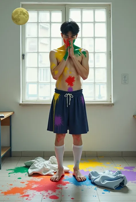 South Korea A completely naked male student in a classroom is completely smeared with colored paint, his hair, face and body, all his body is smeared with paint except his face, the paint that smears his entire body is yellow, green, heavenly red, purple, ...