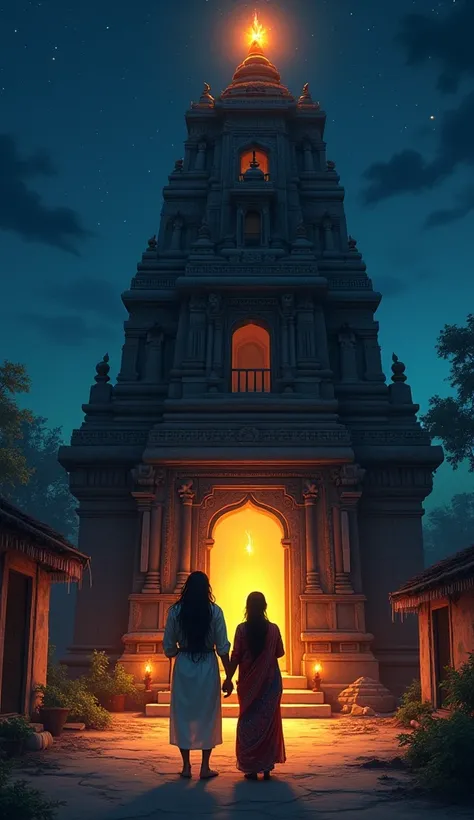 One indian long hair muchhal men with his wife in village lord shiva temple inside view night