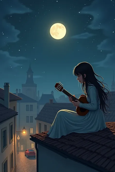 moon、night、European cityscape、A girl with a guitar on the roof