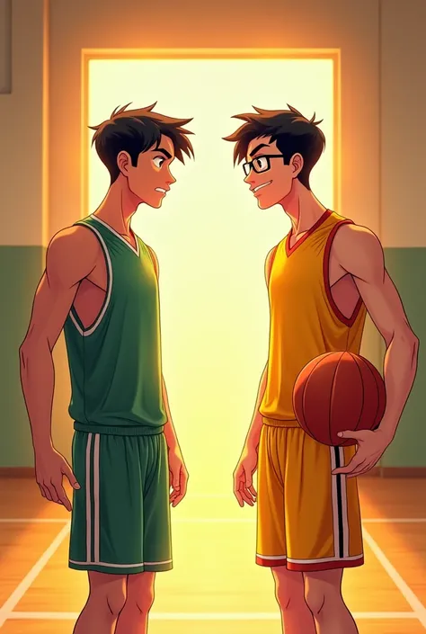 A ibspaint x illustration webtoon style book cover featuring a college school-themed romantic comedy. Show two college guy characters in faceless vector art standing. The background is a yellowish vibe of inside the school basketball court. On the left, a ...