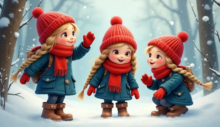 A young girl, about , with long braided blond hair, wearing a bright red scarf, with red winter cap. a thick navy-blue winter coat, mittens, and sturdy brown boots. She is curious, kind-hearted, and adventurous waving her hands. Another girl A young girl, ...