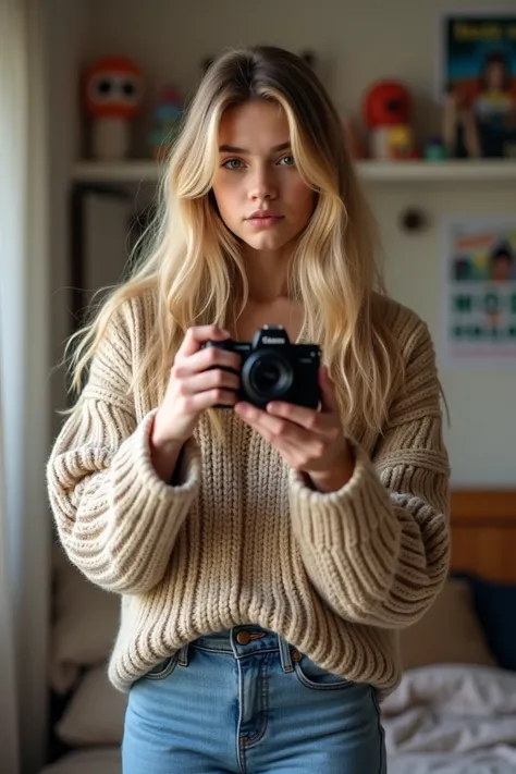  Blonde teenager taking a picture of herself in her bedroom. Shes wearing a sweater and jeans . 