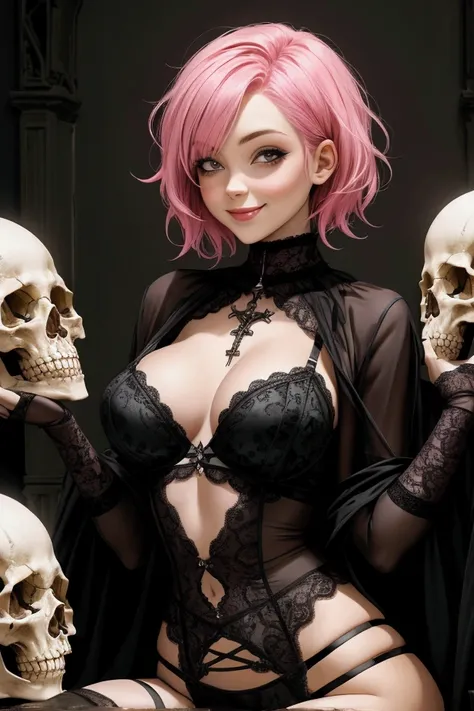 Woman with short pink hair wearing gothic lingerie, laying on pile of skulls, smiling 