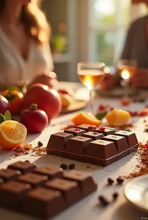 Do something for me to advertise a chocolate bar company with pieces of fruit on a nice table and with customers enjoying themselves