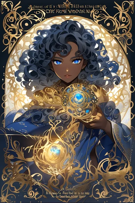 Can you help me create a dark-skinned boy with blue eyes and long curly hair with the power of the book being the image of a fabulous cover