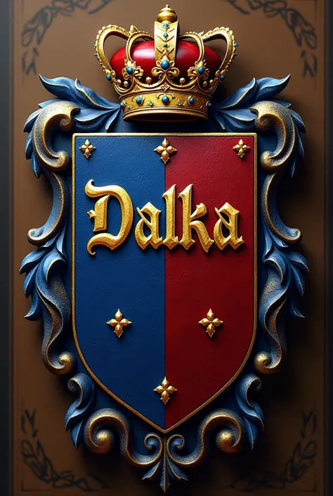 Create the coat of arms of the surname DALKA royal, Have the last name on the coat of arms blue and red
