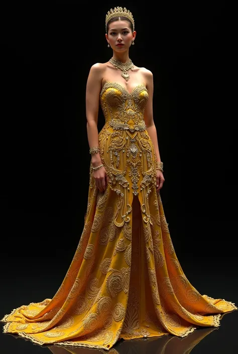 model in a dress and matching accessories inspired by the artistic style of  Gustav Klimts paintings with a black background. Imagine a dress designed by Klimt if he were a fashion designer 