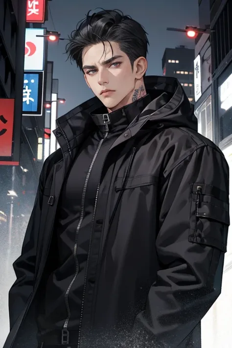 1male, looking at viewer, upper body, Adult 30 years old, muscular body, black hair, black short-haired, gray eyes, korea male, black techwear coat, hood, dark night city, brutal, detalized face, with buckle and tape, cold and sharp expression, yakuza, bad...