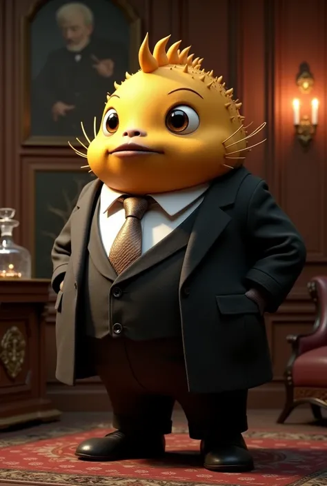 Generate an old puffer fish in an elegant suit