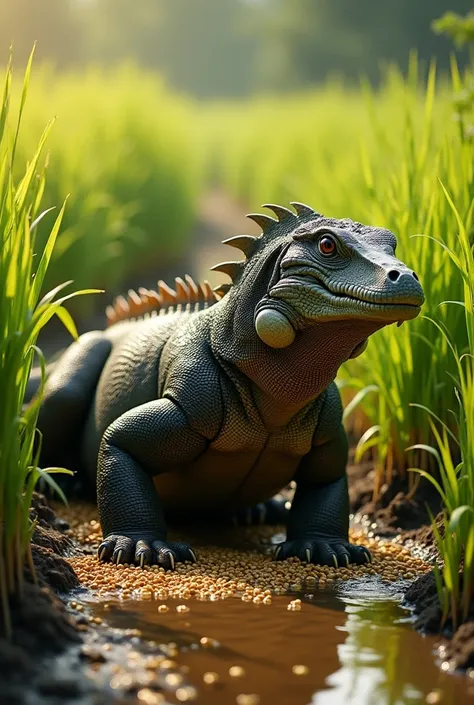 An image of a Komodo Dragon gathering rice