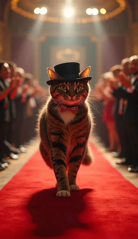 " An elegant cat parading on an illuminated runway ,  with a confident and haughty gait .  He wears a small stylish hat and a shiny bow tie,  while spotlights highlight their presence . The audience in the background ,  filled with well-dressed people ,  a...