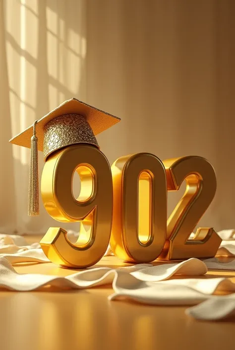  Grade 902 with a gown on the floor and a cap in the numbers 
Without any person,  just the number 
Let it be golden in color and be nice and aesthetic 
With a nice beak

Bien, So, But now, Let him have the cap 
But make it prettier 