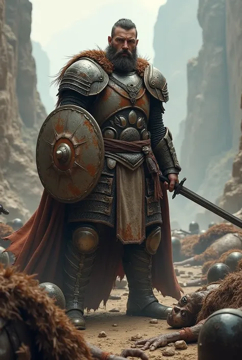 Injured warrior with shield, and sword,  standing and surrounded by defeated enemies around him