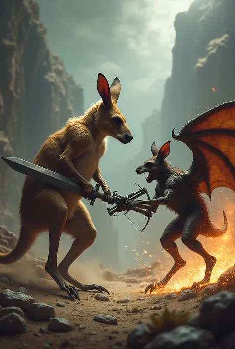 A bat and a kangaroo with weapons at war
