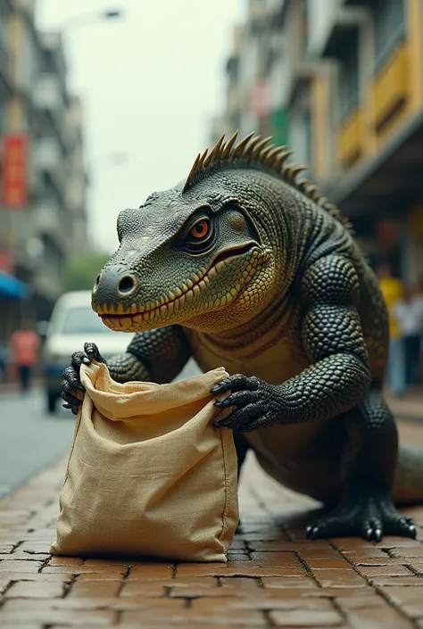 An image of a Komodo Dragon collecting a rice sack on the street