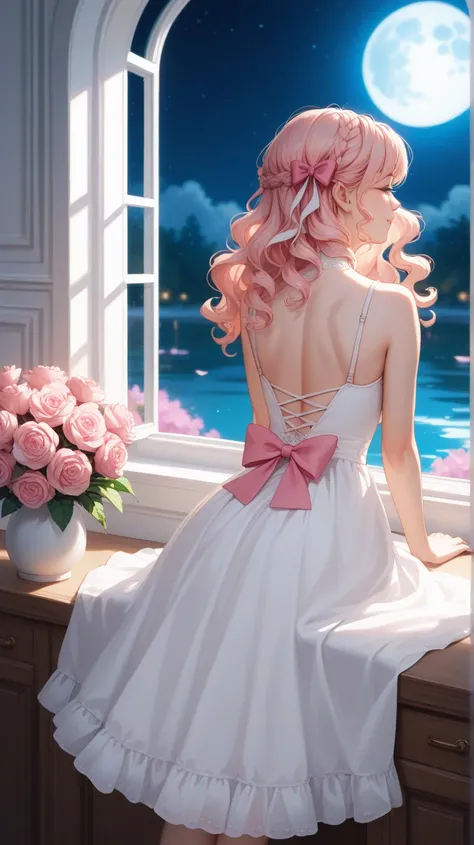 Image is a digital painting with a romantic and dreamy style, depicting a serene night scene. The layout is centered around a young woman with long, wavy hair, sitting by an open window. She is wearing a flowing, white dress with a large pink bow at the ba...