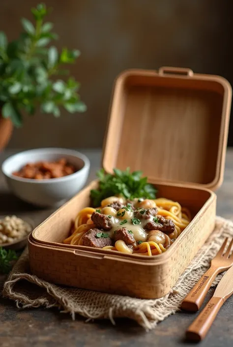 Marmita fork and knife made of bamboo with stroganoff inside