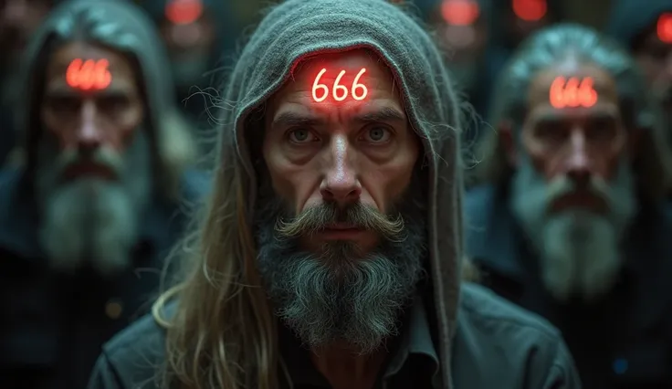 mesmerized people in an end-of-day scenario with the 666 mark on their forehead 