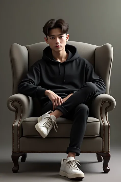 Nehal🖤:Create a 3D illusion for a profile picture where a 25 Year old cute boy in a black hoodie Sitting casually on a Wingback chair. Wearing sneakers, with