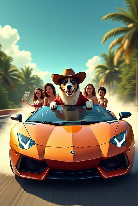 A dog wearing a cowboy hat in a high-speed car with a million dollars and 5 women with a Yucatá 