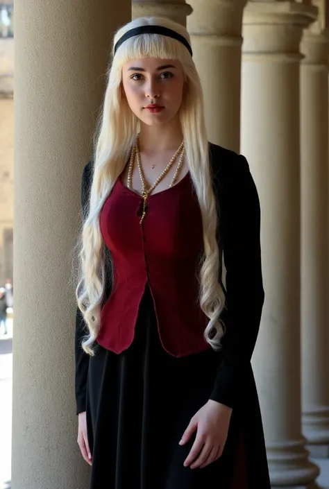 Pretty young Targaryen woman with large white hair reaching her beautiful waist split in half wearing a black dress with a medieval bodice in red a headband with pendant a pearl necklace, thin,  with large breasts , leaning against a pillar. (Dazzling in b...