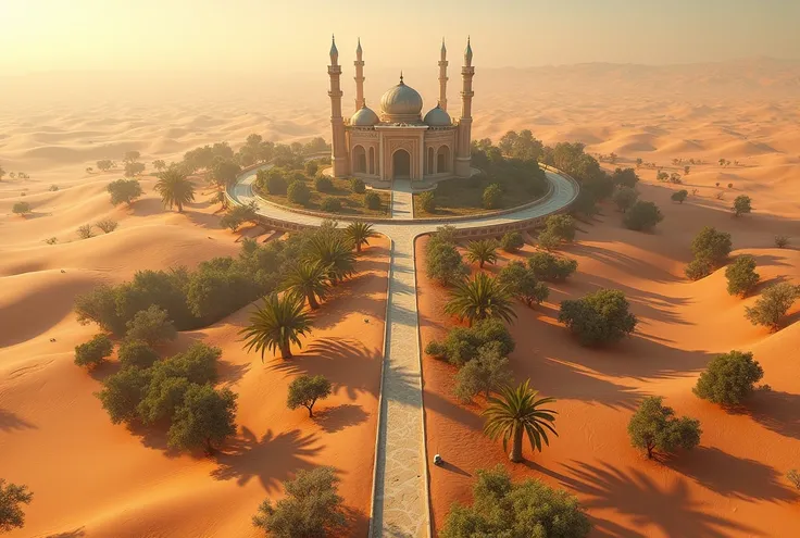 Desert vu du ciel avec chemin sinueux tres long . Le chemin est en forme de s.  Le chemin commence par paysage aride traverse une oasis et finit par mosquee magique