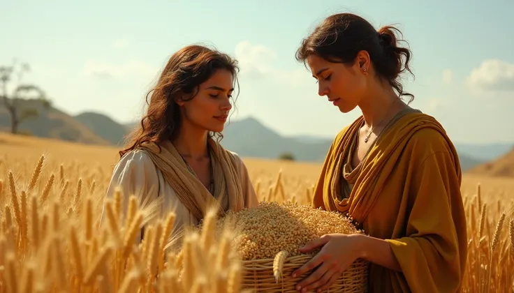 Noemi and Ruth harvesting wheat. Biblical character from the Old Testament of the Bible