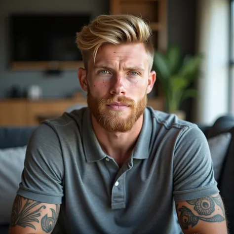  Attractive blond man with a beard and olive green eyes , He has freckles. He is 26 years old.  He wears a gray polo shirt and is sitting on the sofa in a modern living room. He has a proud and serious expression..  He has tattoos