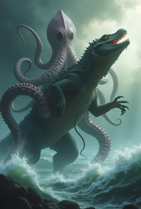 A giant Komodo dragon fighting a giant squid