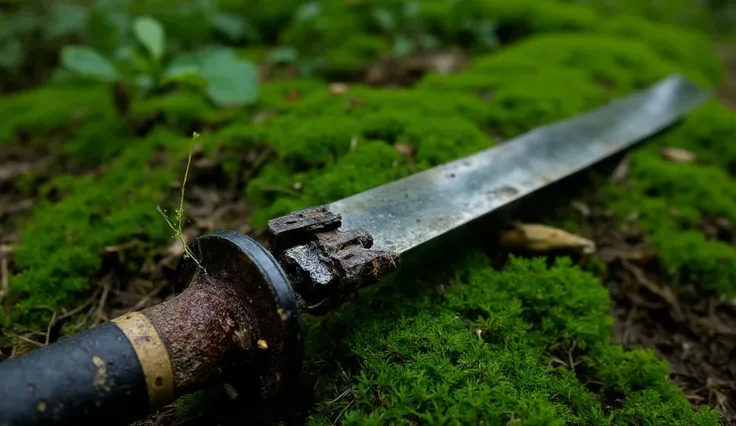 Intense Close up macro shot,Ultra high resolution shot of a medieval forest with a broken worn katana on the forest floor damaged by countless battles,the sword has subtle futuristic cybernetic technological elements,the forest is rich with natural contras...