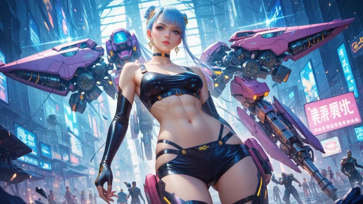 a futuristic transgender female warrior fighting agains mecha robot, (finely detailed leather), pale skin, (in a deep, sexy, highly detailed, futuristic cyberpunk black crop top and briefs made of circuit boards, Japanese words with flash effect., beautifu...