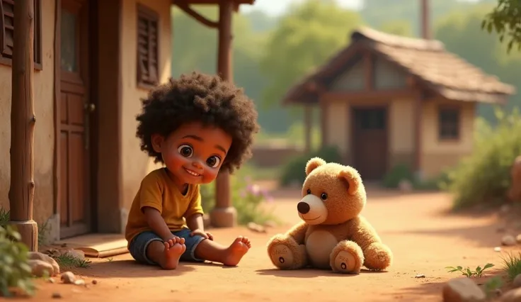 A 6 and a half year old, tanned skin,  long curly hair ,  big brown eyes ,  sitting on the dirt floor,  playing with a teddy bear, Next to a house in the village , Pixar style