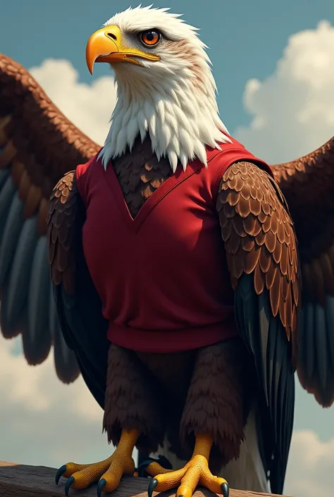 Draw a picture of an eagle wearing a dark red shirt